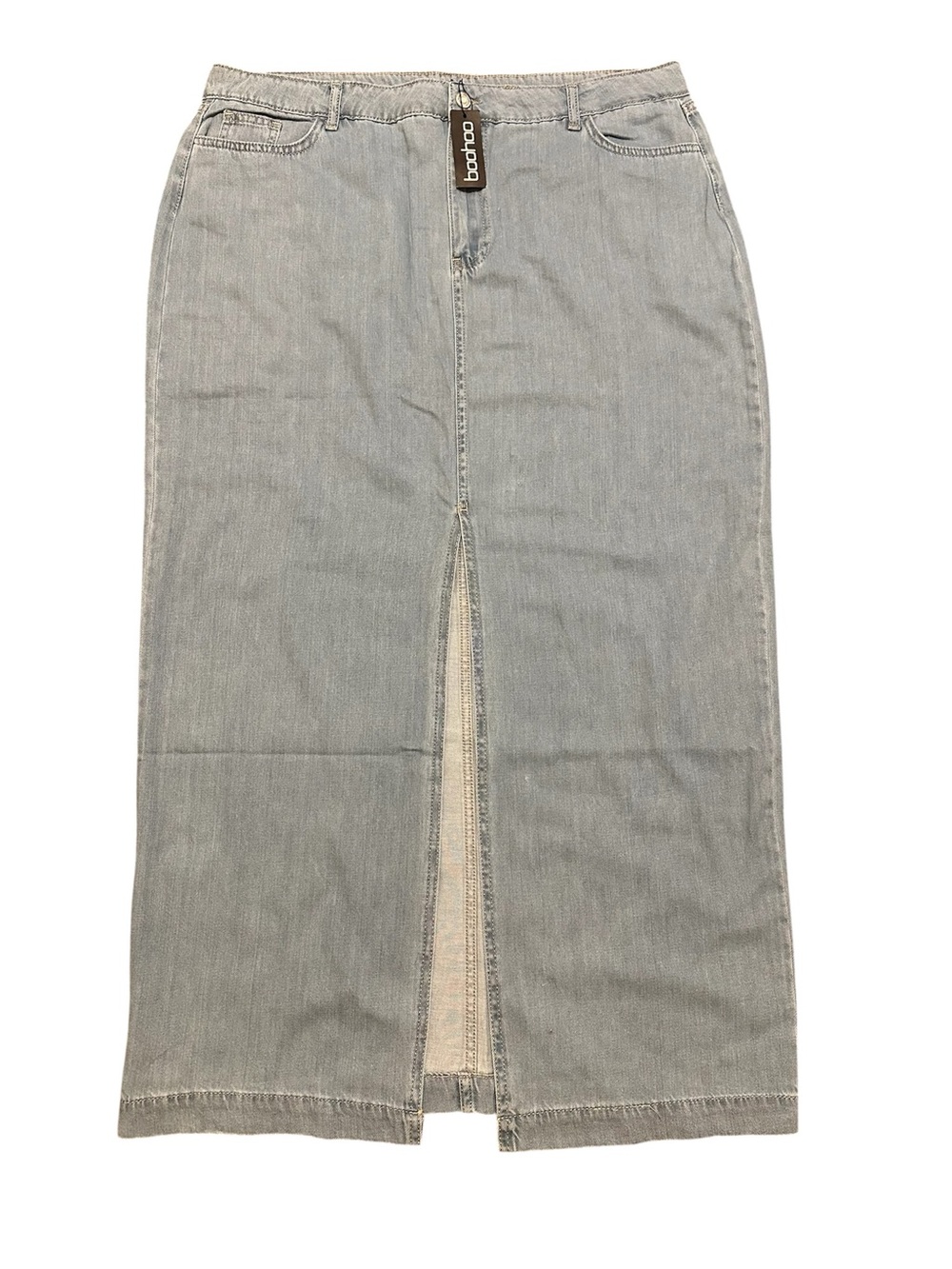 NWT Boohoo Light Blue Denim Maxi Skirt with Center Slit Size 22